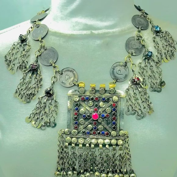 Silver Vintage Coins Chain Necklace, Tribal Big Pendant Necklace - Picture 1 of 9